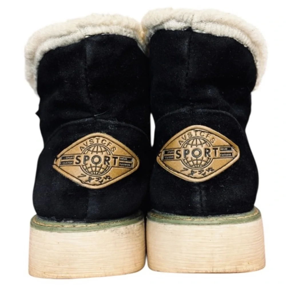 AVSTCFS Sport Women’s Black Suede Ankle Pull On Boots with Cream Fur Lining